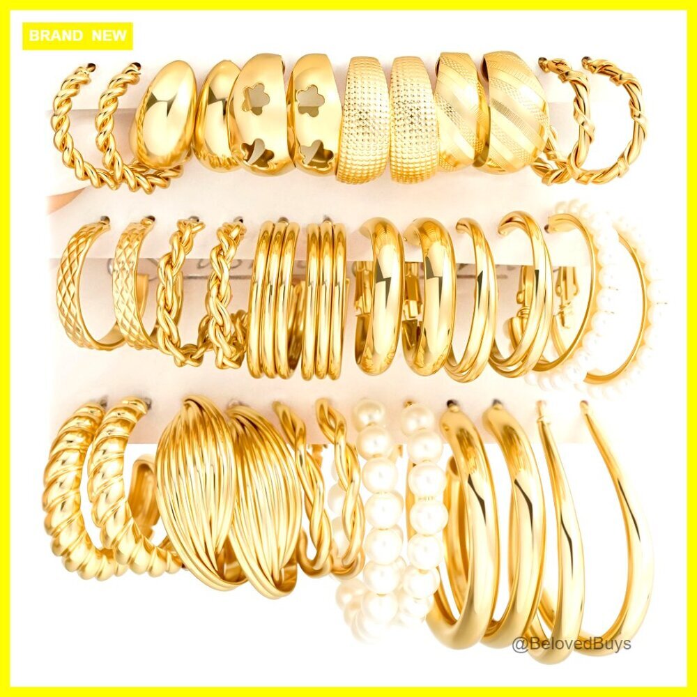 18-Pair Hypoallergenic Hoop Earrings Set, Lever Back, Pearl Accents